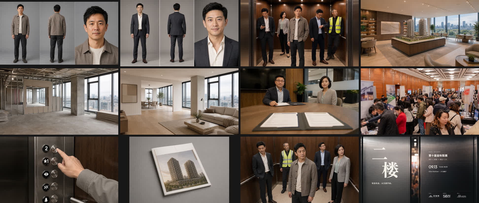 角色设定、人物合影、售楼处、装修空间、专业服务、展厅、电梯按钮与宣传册等视觉资产总览